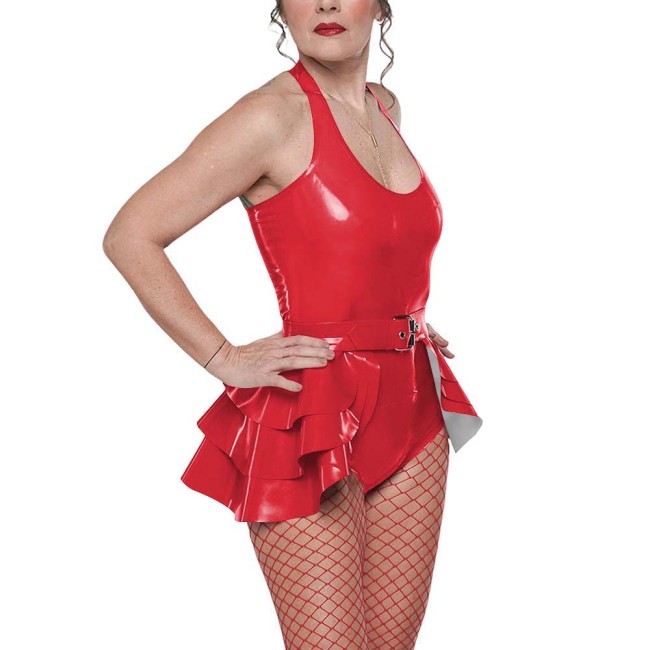 Gothic Punk Belted Bodysuit Outfit Womens Vinyl Halter-neck Bodysuit Layered Ruffle Skirt Edgy Shiny Two-Piece Set for Clubwear