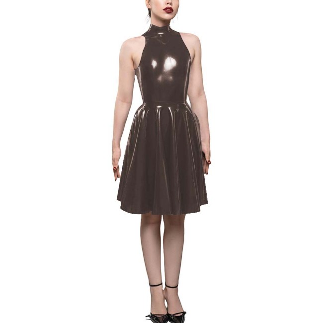 Womens PVC Shiny High Waist A-Line Dress Fashion Sleeveless Flared Skater Mini Dress Elegant Pleated Party Dresses Sissy Vestido