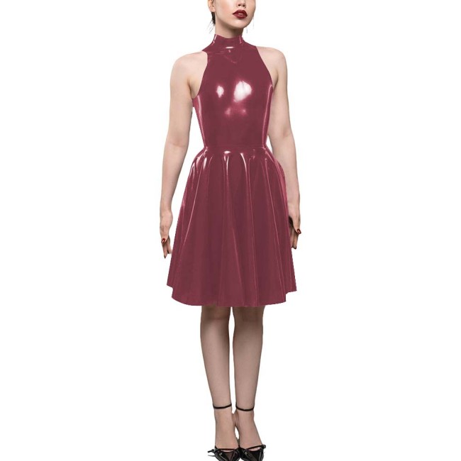Womens PVC Shiny High Waist A-Line Dress Fashion Sleeveless Flared Skater Mini Dress Elegant Pleated Party Dresses Sissy Vestido