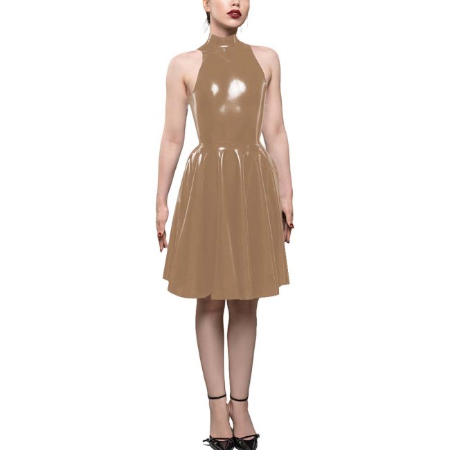 Womens PVC Shiny High Waist A-Line Dress Fashion Sleeveless Flared Skater Mini Dress Elegant Pleated Party Dresses Sissy Vestido