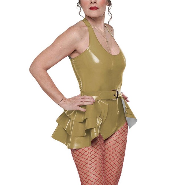 Gothic Punk Belted Bodysuit Outfit Womens Vinyl Halter-neck Bodysuit Layered Ruffle Skirt Edgy Shiny Two-Piece Set for Clubwear