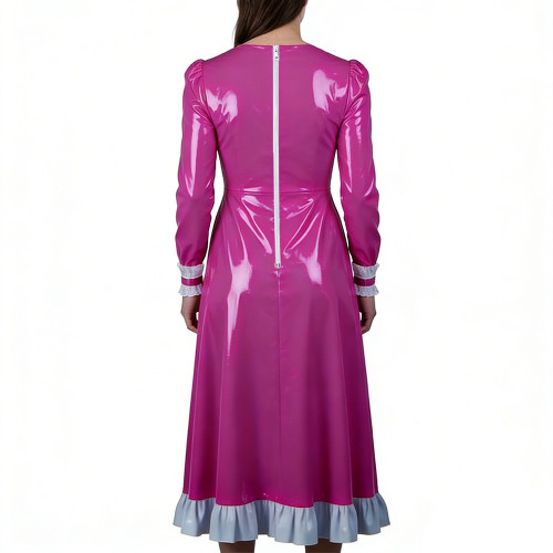 Glossy PVC Leather Vintage Long Dress with Ruffles Trim Elegant Long Sleeve Square Neck Retro Gown Party Cosplay Crossdressers
