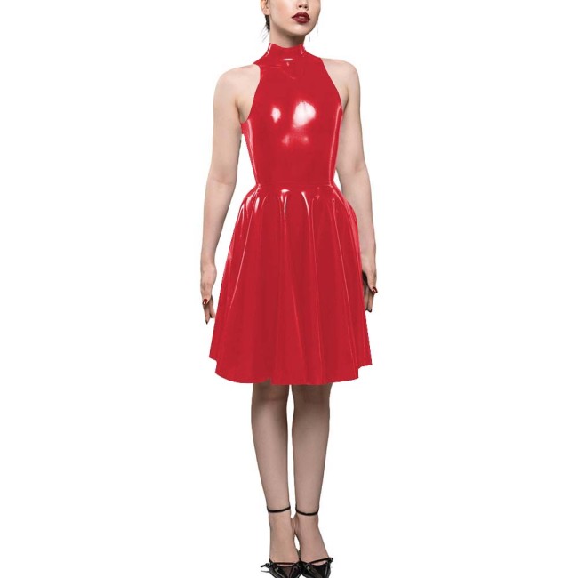 Womens PVC Shiny High Waist A-Line Dress Fashion Sleeveless Flared Skater Mini Dress Elegant Pleated Party Dresses Sissy Vestido