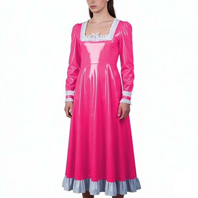 Glossy PVC Leather Vintage Long Dress with Ruffles Trim Elegant Long Sleeve Square Neck Retro Gown Party Cosplay Crossdressers
