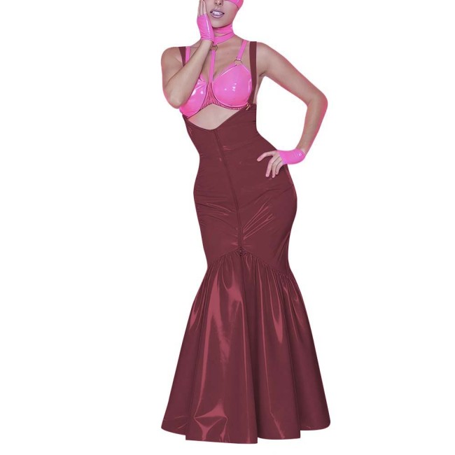 Women's Shiny PVC Mermaid Maxi Dress for Party Performance Sexy Overalls Dress Open Chest Backless Straps Glossy Dress Clubwear