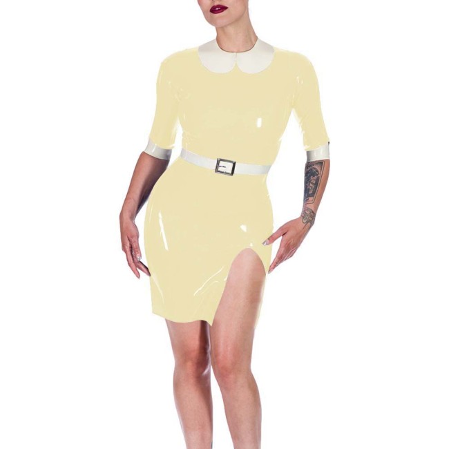 Plus Size Womens PVC Vinyl Leather Bodycon Mini Dress Rave Party Performance Short Dresses Ladies Patchwork Front Slit Clubwear