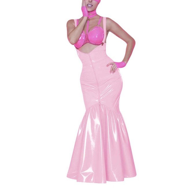 Women's Shiny PVC Mermaid Maxi Dress for Party Performance Sexy Overalls Dress Open Chest Backless Straps Glossy Dress Clubwear