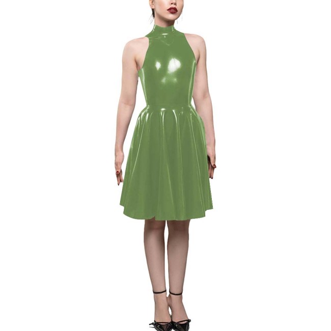Womens PVC Shiny High Waist A-Line Dress Fashion Sleeveless Flared Skater Mini Dress Elegant Pleated Party Dresses Sissy Vestido