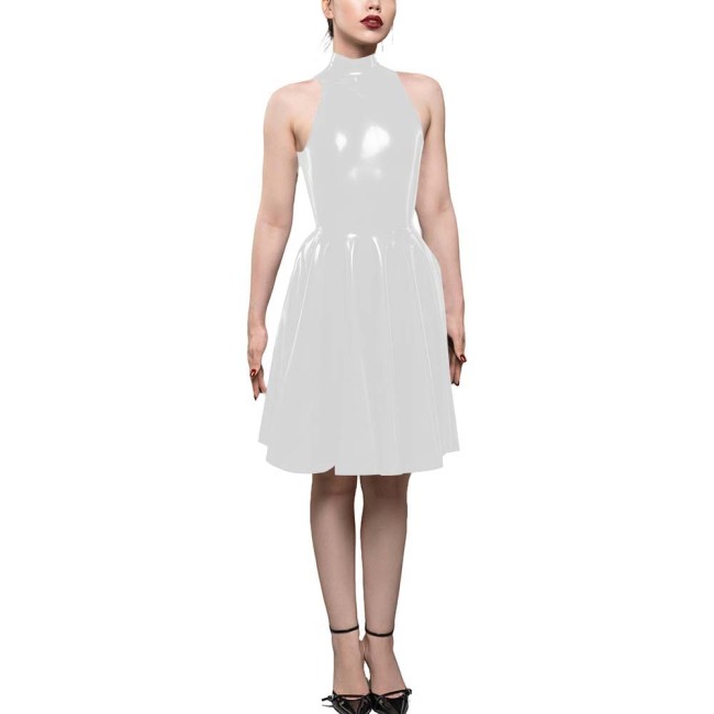 Womens PVC Shiny High Waist A-Line Dress Fashion Sleeveless Flared Skater Mini Dress Elegant Pleated Party Dresses Sissy Vestido