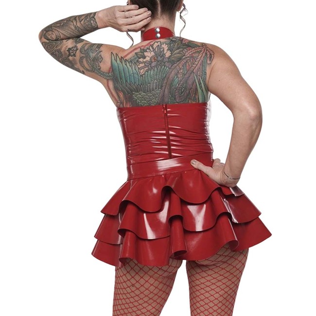 Gothic Punk Belted Bodysuit Outfit Womens Vinyl Halter-neck Bodysuit Layered Ruffle Skirt Edgy Shiny Two-Piece Set for Clubwear