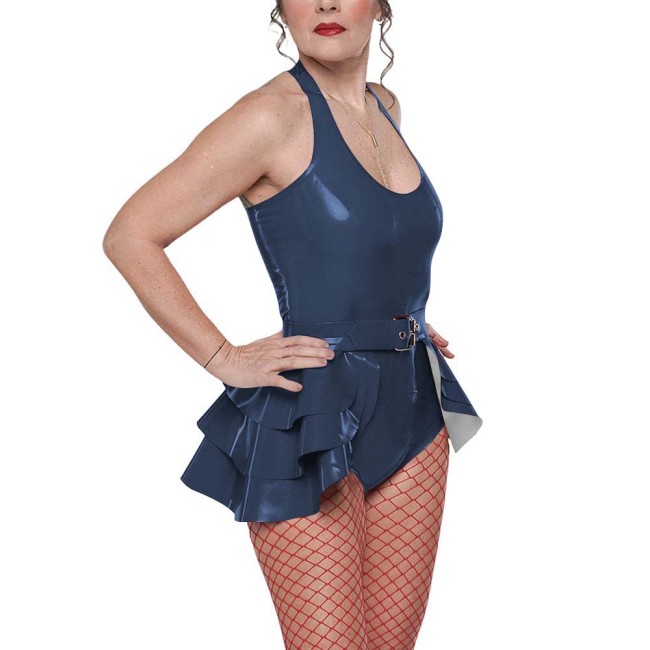 Gothic Punk Belted Bodysuit Outfit Womens Vinyl Halter-neck Bodysuit Layered Ruffle Skirt Edgy Shiny Two-Piece Set for Clubwear