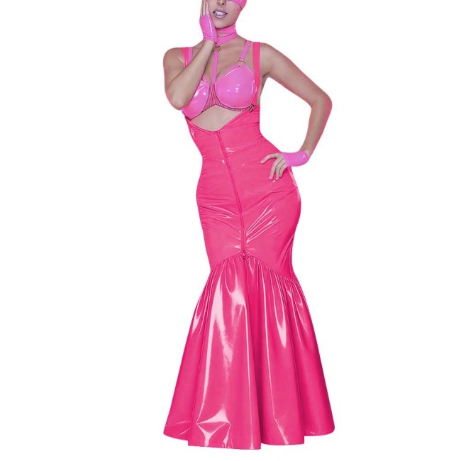 Women's Shiny PVC Mermaid Maxi Dress for Party Performance Sexy Overalls Dress Open Chest Backless Straps Glossy Dress Clubwear