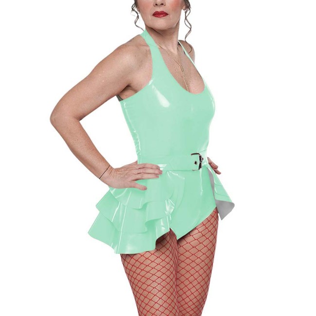 Gothic Punk Belted Bodysuit Outfit Womens Vinyl Halter-neck Bodysuit Layered Ruffle Skirt Edgy Shiny Two-Piece Set for Clubwear