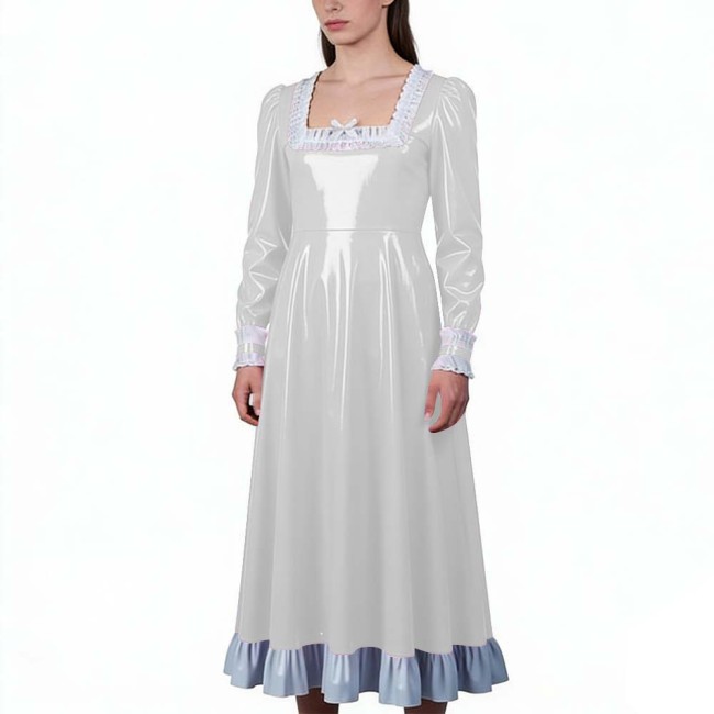 Glossy PVC Leather Vintage Long Dress with Ruffles Trim Elegant Long Sleeve Square Neck Retro Gown Party Cosplay Crossdressers
