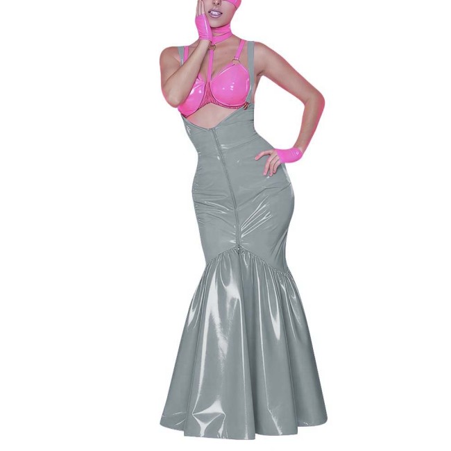 Women's Shiny PVC Mermaid Maxi Dress for Party Performance Sexy Overalls Dress Open Chest Backless Straps Glossy Dress Clubwear