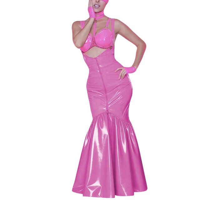 Women's Shiny PVC Mermaid Maxi Dress for Party Performance Sexy Overalls Dress Open Chest Backless Straps Glossy Dress Clubwear
