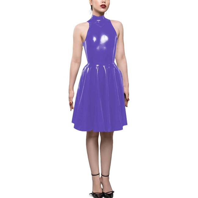 Womens PVC Shiny High Waist A-Line Dress Fashion Sleeveless Flared Skater Mini Dress Elegant Pleated Party Dresses Sissy Vestido