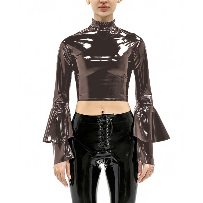 Women's Vinyl Crop Top Open Back Clubwear High Neck Ruffle Trim Party Music Bell Sleeves T-shirts Sexy Glossy Long Sleeve Tops
