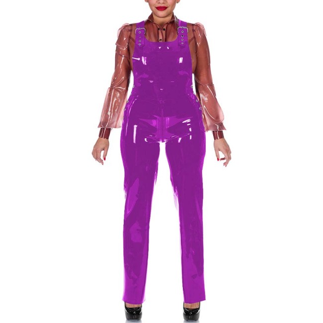 Plus Size Glossy Wetlook Jumpsuit for Womens Adjustable Buckle Straps PVC Pencil Pant Overalls Punk Fashion Party Club Rompers