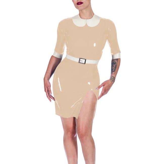 Plus Size Womens PVC Vinyl Leather Bodycon Mini Dress Rave Party Performance Short Dresses Ladies Patchwork Front Slit Clubwear