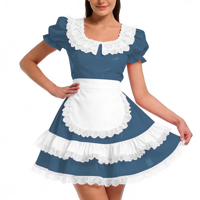 Shiny PVC Ruffles French Maid Dress with Apron Sweet Lolita Cosplay Costume for Halloween Crossdressers Smooth Party Maid Outfit
