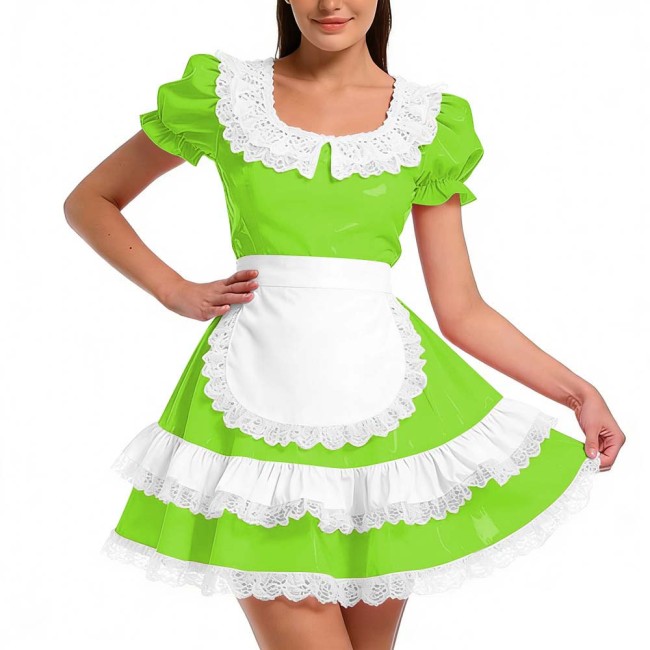 Shiny PVC Ruffles French Maid Dress with Apron Sweet Lolita Cosplay Costume for Halloween Crossdressers Smooth Party Maid Outfit