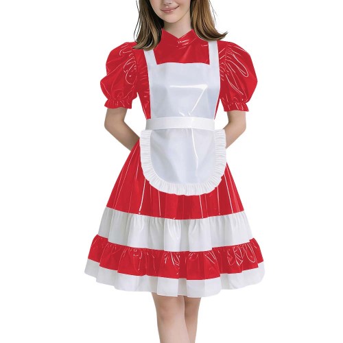 Crossdressers Glossy PVC Maid Dress Sets Puff Short Sleeves Patchwork Pleated Maid Dress with Cross Back Straps Lolita Cosplay