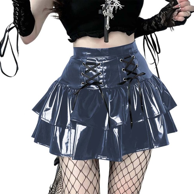 Women's Vinyl Mini Skirt Gothic Punk Double Layer Ruffle Hem Party Performance Sexy Wetlook PVC Flared A-line Rave Clubwear