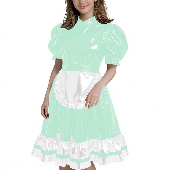 Women's Glossy Patent Leather French Maid Dress with Apron Lace Ruffle Trim Gothic Lolita Style Back Zipper Cosplay Party Outfit