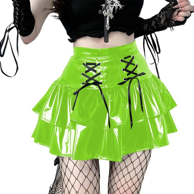 Women's Vinyl Mini Skirt Gothic Punk Double Layer Ruffle Hem Party Performance Sexy Wetlook PVC Flared A-line Rave Clubwear