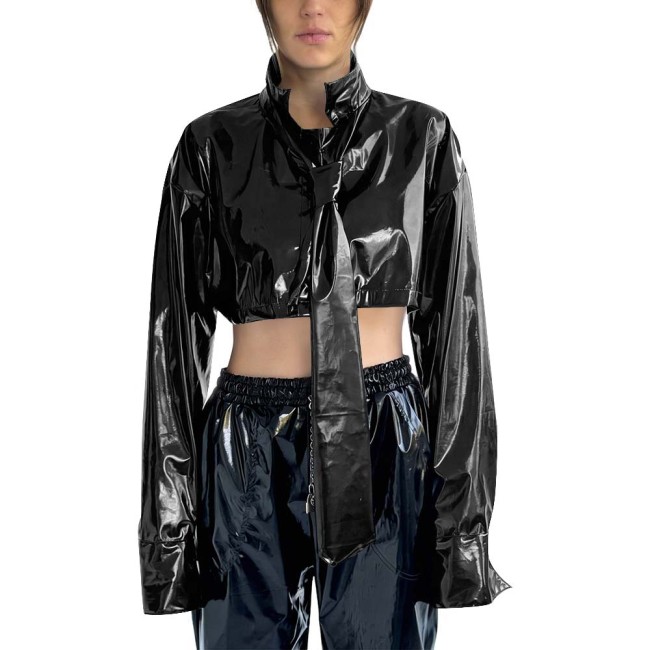 Women's PVC Cropped Jacket Stand Collar Long Sleeves Detachable Tie High Street Tops Gothic Punk Female Blouse Rave Streetwear