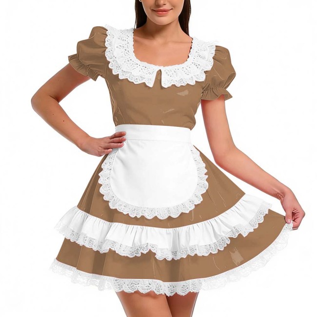 Shiny PVC Ruffles French Maid Dress with Apron Sweet Lolita Cosplay Costume for Halloween Crossdressers Smooth Party Maid Outfit
