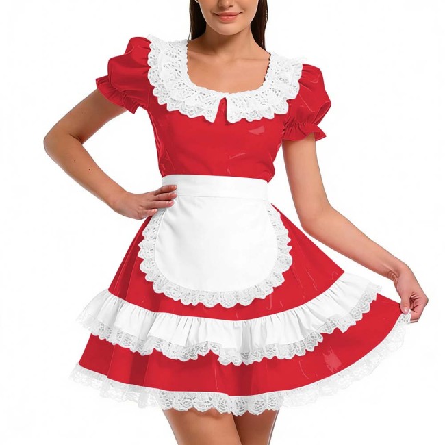Shiny PVC Ruffles French Maid Dress with Apron Sweet Lolita Cosplay Costume for Halloween Crossdressers Smooth Party Maid Outfit