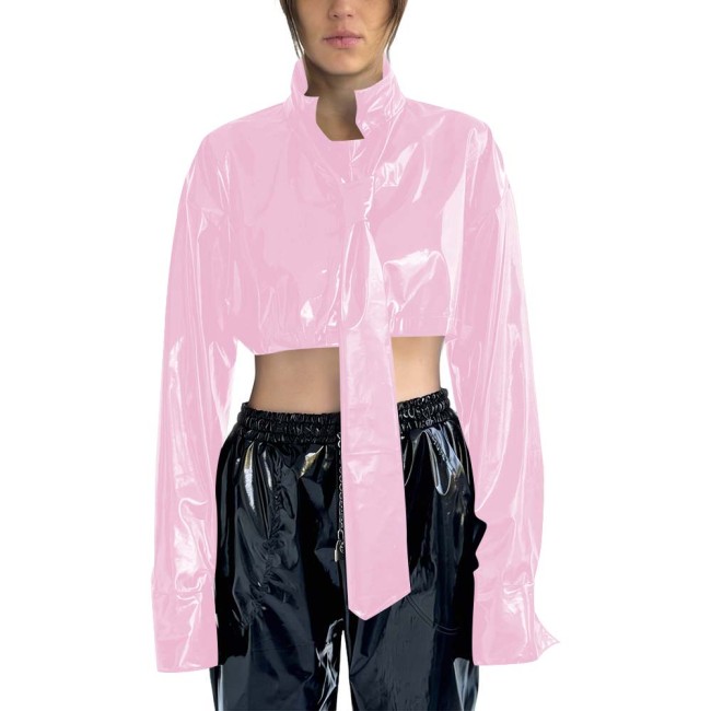 Women's PVC Cropped Jacket Stand Collar Long Sleeves Detachable Tie High Street Tops Gothic Punk Female Blouse Rave Streetwear