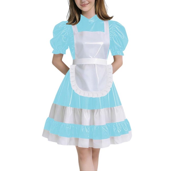 Crossdressers Glossy PVC Maid Dress Sets Puff Short Sleeves Patchwork Pleated Maid Dress with Cross Back Straps Lolita Cosplay