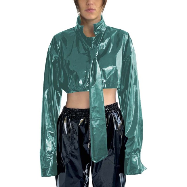 Women's PVC Cropped Jacket Stand Collar Long Sleeves Detachable Tie High Street Tops Gothic Punk Female Blouse Rave Streetwear