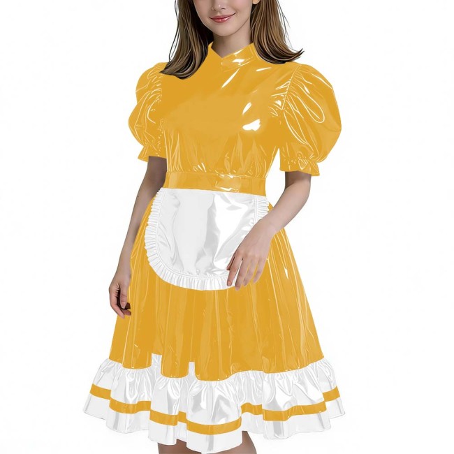 Women's Glossy Patent Leather French Maid Dress with Apron Lace Ruffle Trim Gothic Lolita Style Back Zipper Cosplay Party Outfit