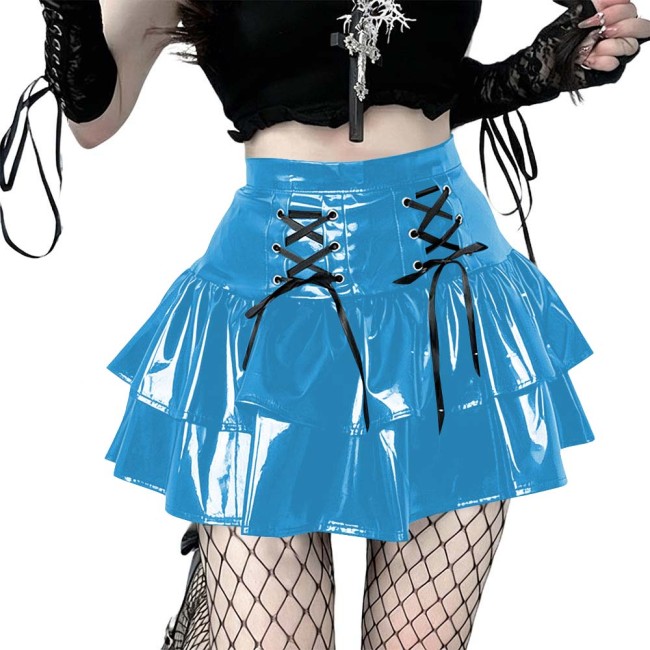 Women's Vinyl Mini Skirt Gothic Punk Double Layer Ruffle Hem Party Performance Sexy Wetlook PVC Flared A-line Rave Clubwear