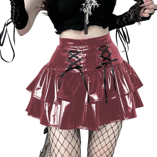 Women's Vinyl Mini Skirt Gothic Punk Double Layer Ruffle Hem Party Performance Sexy Wetlook PVC Flared A-line Rave Clubwear