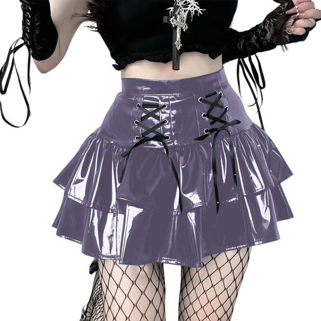 Women's Vinyl Mini Skirt Gothic Punk Double Layer Ruffle Hem Party Performance Sexy Wetlook PVC Flared A-line Rave Clubwear