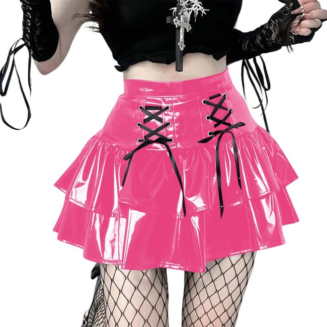 Women's Vinyl Mini Skirt Gothic Punk Double Layer Ruffle Hem Party Performance Sexy Wetlook PVC Flared A-line Rave Clubwear