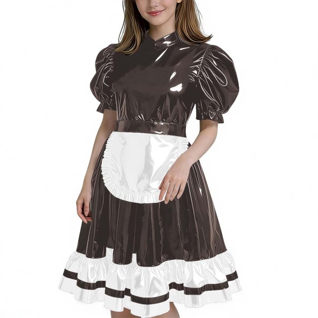 Women's Glossy Patent Leather French Maid Dress with Apron Lace Ruffle Trim Gothic Lolita Style Back Zipper Cosplay Party Outfit
