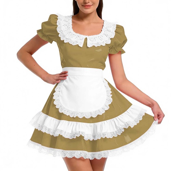 Shiny PVC Ruffles French Maid Dress with Apron Sweet Lolita Cosplay Costume for Halloween Crossdressers Smooth Party Maid Outfit