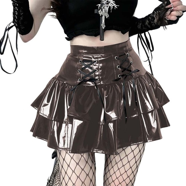Women's Vinyl Mini Skirt Gothic Punk Double Layer Ruffle Hem Party Performance Sexy Wetlook PVC Flared A-line Rave Clubwear