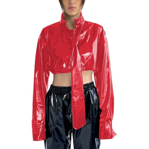 Women's PVC Cropped Jacket Stand Collar Long Sleeves Detachable Tie High Street Tops Gothic Punk Female Blouse Rave Streetwear