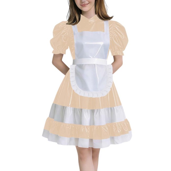 Crossdressers Glossy PVC Maid Dress Sets Puff Short Sleeves Patchwork Pleated Maid Dress with Cross Back Straps Lolita Cosplay