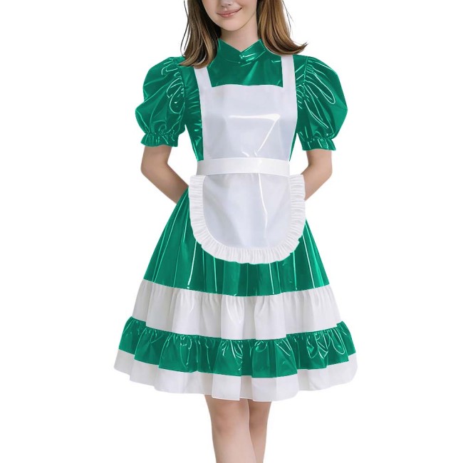 Crossdressers Glossy PVC Maid Dress Sets Puff Short Sleeves Patchwork Pleated Maid Dress with Cross Back Straps Lolita Cosplay