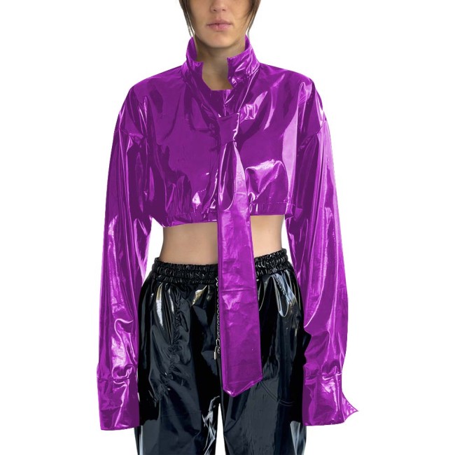 Women's PVC Cropped Jacket Stand Collar Long Sleeves Detachable Tie High Street Tops Gothic Punk Female Blouse Rave Streetwear