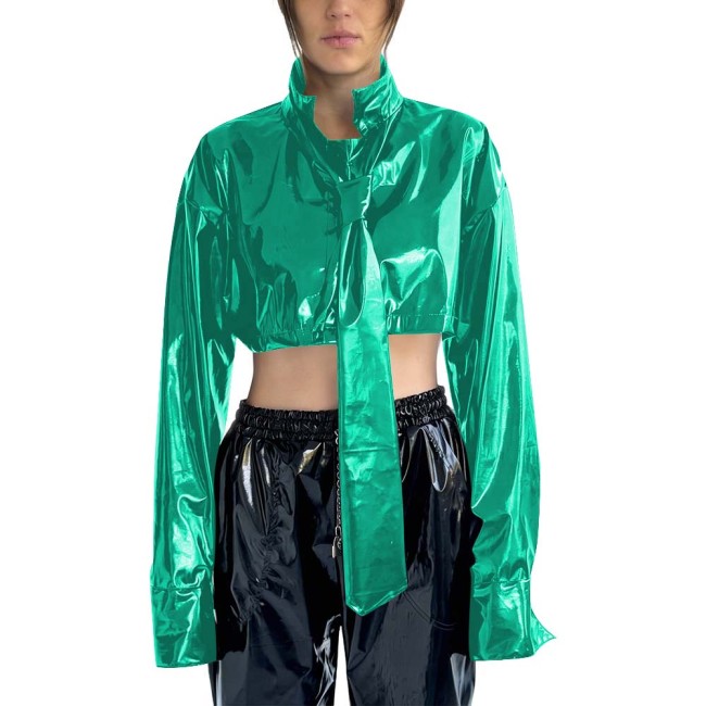 Women's PVC Cropped Jacket Stand Collar Long Sleeves Detachable Tie High Street Tops Gothic Punk Female Blouse Rave Streetwear