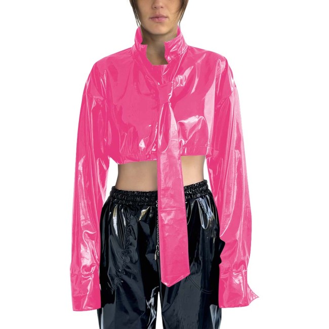Women's PVC Cropped Jacket Stand Collar Long Sleeves Detachable Tie High Street Tops Gothic Punk Female Blouse Rave Streetwear